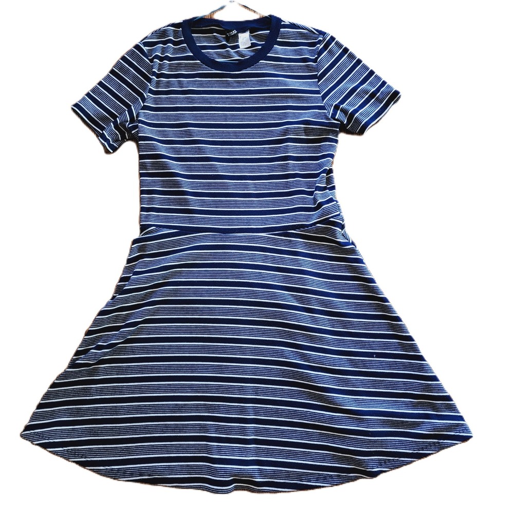 H&M Divided Skater Dress Navy Blue White Striped Ribbed Knit Size 10